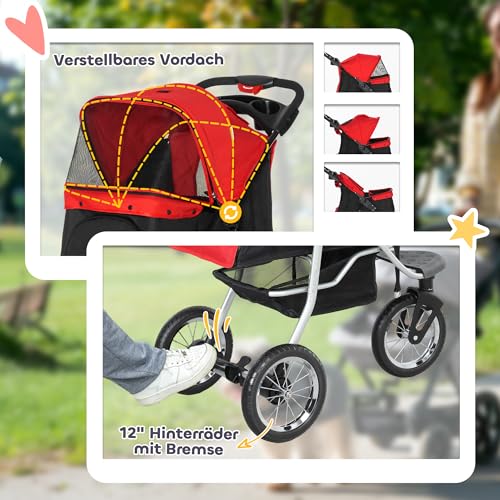 PawHut Hundewagen klappbar Hundebuggy für Hunde & Katzen bis 10 kg Katzenbuggy mit Netzfenstern Getränkbehalter Aufbewahrungskorb Katzenwagen Buggy Rot