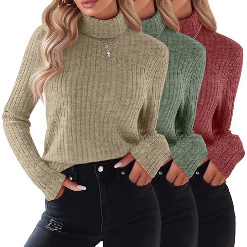 Ficerd 3 Pack Women's Turtleneck Sweater, Lightweight Long Sleeve Shirts Solid Color Tunic Tops Casual Slim Fitted Pullover