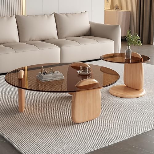 LIGUIEN Mesa de Centro Redonda Cristal, Mesa Nido Juego de 2, Patas de Madera Maciza, Vidrio Templado para Salón Dormitorio Oficina Fácil Montaje(Natural A,70+50cm/28+20in)