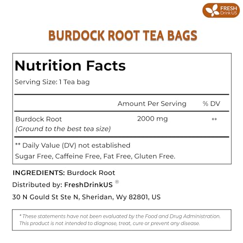 Image of FreshDrinkUS, Premium 120 Burdock Root Tea Bags, 100% Natural & Pure, Herbal Tea. Made with Natural Material Tea Bags. No Sugar, No Caffeine, No Gluten, Vegan.