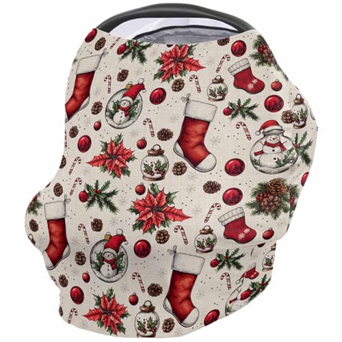 Nursing Cover for Breastfeeding Scarf, Pine Branch Cones Red Xmas Sock Ornaments Snowman Baby Car Covers Super Soft Multi Use for Canopy Shopping Cart Cover Blanket Stroller Cover