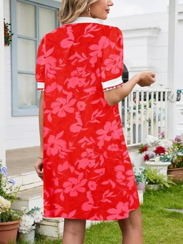 Image of Wkior Women's Summer Trim V Neck Mini Dresses with Pockets (S-XL) | Puff Short Sleeve, Trim Collar, Breathable Fabric, Lightweight Summer Clothes for Daily Wear, Sunset Beach Party