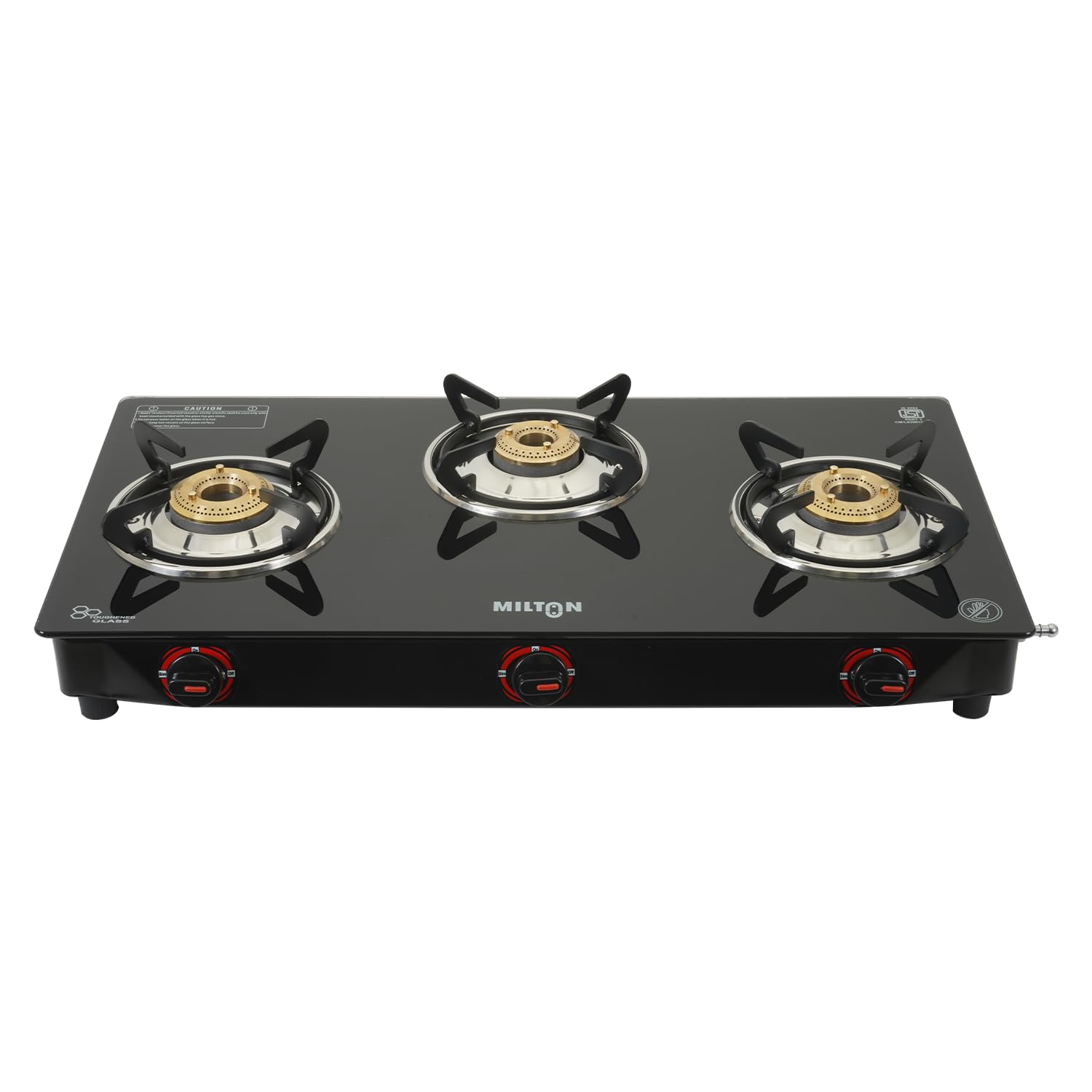 MILTON Premium 3 Burner Black Manual Ignition Glass Top Gas Stove, (ISI Certified)
