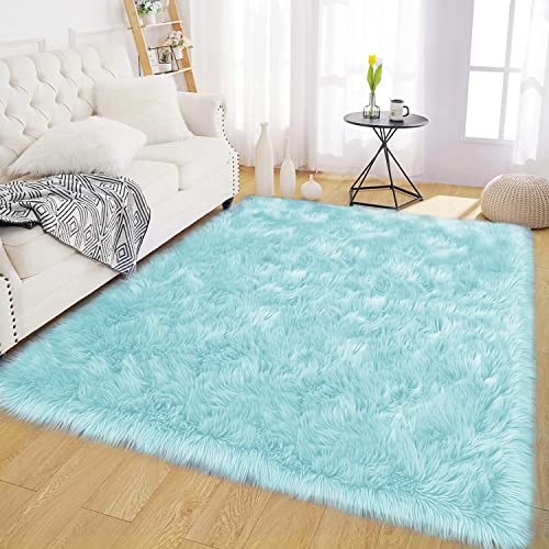 Latepis Blue Rugs for Living Room 5x6.7 Faux Sheepskin Fur Area Rug for Bedroom Soft Fluffy Furry Rugs Washable Carpet for Dorm Home Décor, Rectangle