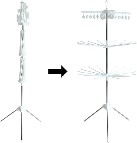 Miniatura 8 de Perchero de secado de acero inoxidable de 3 capas de color blanco, giratorio y plegable, fácil de montar, adecuado para ropa de lavandería familiar
