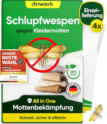 anwerk Schlupfwespen gegen Kleidermotten - 4 Karten à 1 Lieferungen - Effektiv Kleider Motten bekämpfen - Alternative zur Mottenfalle Mottenspray Pheromonfalle