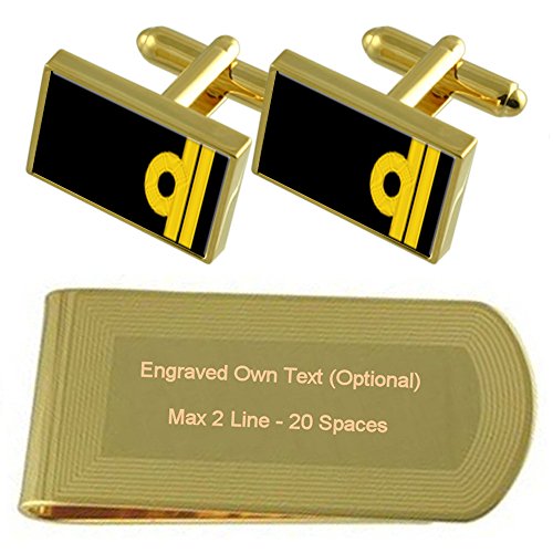 Gemelos de la Marina Real rango teniente tono oro y clip portabilletes grabado