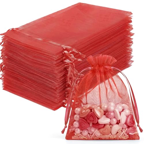 Image of FUNFERY 100Pcs Red Organza Bags 3x4 in,Small Mesh Drawstring Gift Bag | Little Jewelry Bags for Wedding Party Favors, Mini Drawstring Pouch for Sachet, Candy, Goodie, Treat Bag for Easter Day