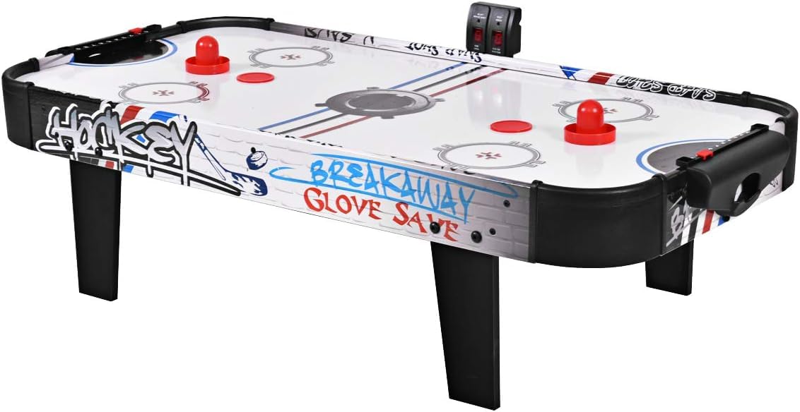 GOPLUS Mesa de Hockey de Aire, Hockey de Mesa Plegable con Marcador Electrónico, Motor de 12V, 2 Discos y 2 Empujadores, Juego de Hockey de Pie, para Sala de Juegos, Hogar y Oficina