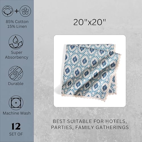 Image of FINGERCRAFT Printed Table Napkins Cotton Linen Blend Fabric Set of 12 with Classic Lace 20x20 Inch Dinner Napkin Cloth Durable and Good Absorbency for Home, Hotels, Parties (Moroccan Beauty)