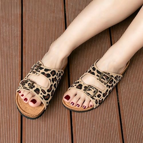 Image of Women's Comfy Arch Support Cork Footbed Adjustable Knitting Straps Indoor and Outdoor Slides Sandals