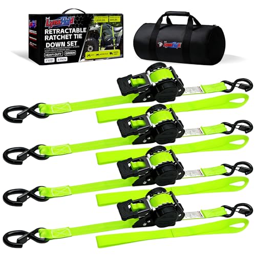 Image of Retractable Ratchet Straps 1 inch x 13Ft, Heavy Duty Self Retracting Tie Down Straps, 1800lb Break Strength Auto Retract Cargo Straps for Truck, Trailer, Motorcycle, ATV, UTV, (Fluorescent Green, 4 Pack)