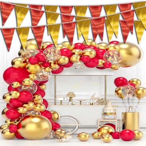 Image of 40M /130FT Red Gold Triangle Pennant Banner Flag Metallic Fabric Bunting Garland for Christmas Graduation Anniversary Birthday Engagement Wedding Anniversary Casino Party Decorations Supplies