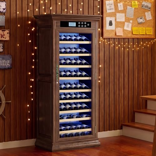 Image of KEIKI Freestanding Wine Refrigerator with Wood Cabinet, 102 Bottle Single Zone Wine Cooler, Humidity Control Tempered Glass Door, LED Light Lockable Shelves, for Home Bar Dining, Walnut