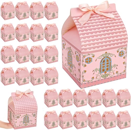 Covzoe 50 Pieces House Shaped Gift Boxes, Large Party Favor Treat Box with Handle Ribbons, 5.7 X 5.7 x 8.7 Inch Pink Snack Goodie Cake Treat Containers for Birthday, Wedding, Christmas, Valentine's Day
