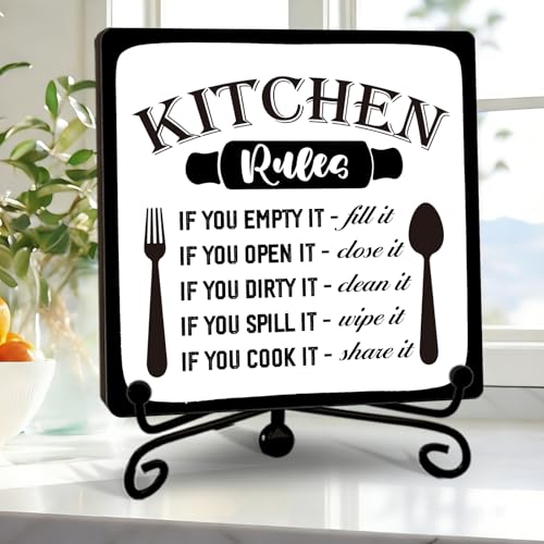 Image of DETIHO Farmhouse Kitchen Decor, Rustic Kitchen Counter Decor, Wood Plaque with Iron Stand for Home Dining Room Tabletop Decoration - G01