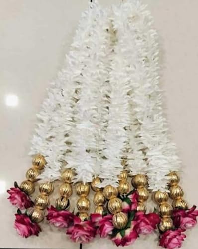 Gota Ball with Velvet Rose & Paper Gajra String for Home Decoration,Ganesh Chaturthi & All Festival Decor (Pack of 6) Size : 15 Cm