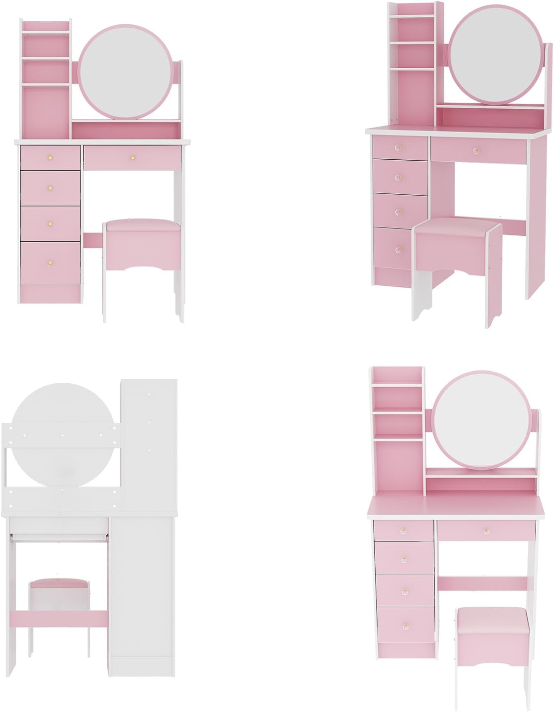 Pink Vanity with Mirror, Vanity Mirror with Desk and Chair, Dressing Table with Round Mirror, 5 Drawers & Cushioned Stool for Girls Bedroom, 15.7" D x 31.5" W x 53.1" H (No Light)