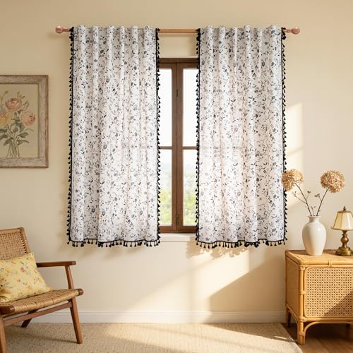 Image of MYSKY HOME Farmhouse Floral Boho Linen Blend Curtains with Black Tassels 63 Inch Length 2 Panels Semi Sheer Light Filtering French Cottage Bedroom Drapes Back Tab, 50 inch Wide Each Panel, Black