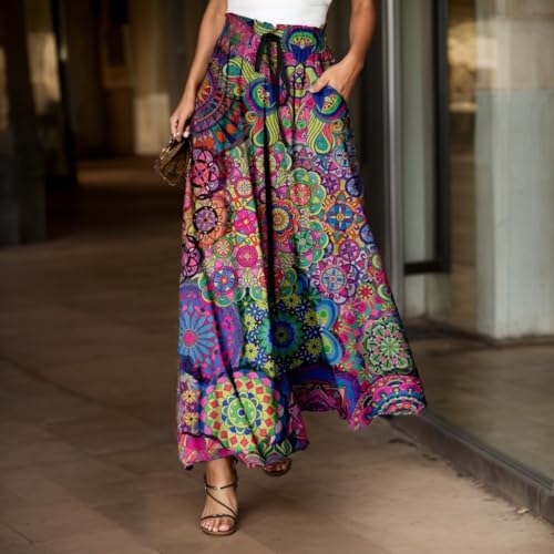 Women Boho Colorful Flowy Maxi Skirt Casual Floral Print Pleated A Line Long Skirt Loose Elastic Waist Skirts with Pockets2