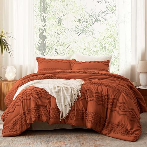 Luxudecor Terracotta Boho Tufted Comforter Set King Size 3 Pieces Boho Shabby Chic Comforter Farmhouse Embroidery Bedding Set Soft Comforter for All Seasons (Terracotta, 104''x90'')