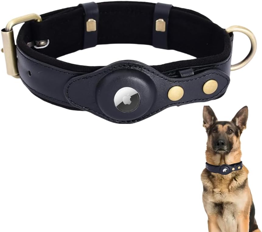 AirTag Dog Collar Leather Durable Thickened Plush Adjustable Loss Prevention Tracker Protective Cover Airtag for Small Medium and Large Dogs(Black,M)