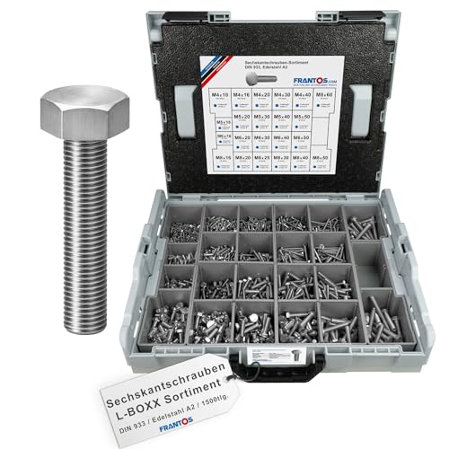 FRANTOS L-BOXX Sechskantschrauben Set DIN 933 (Edelstahl A2) 1.500 tlg. I Gewindeschrauben Maschinenschrauben Schrauben Sortiment Schraubensortiment