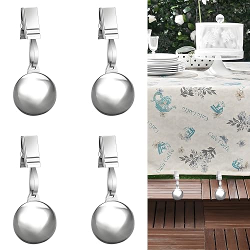 4 Pack Heavy Duty Tablecloth Weights Stainless Steel Balls with Metal Tablecloth Clips for Outdoor Tables Curtains Flag Add 9.6oz Weights for Outdoor Picnic Family Dinner Party
