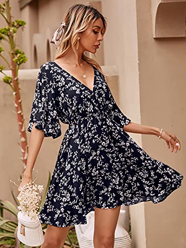 Image of Floerns Women's Tropical Floral Plunging V Neck Tie Open Back Summer Short Dress
