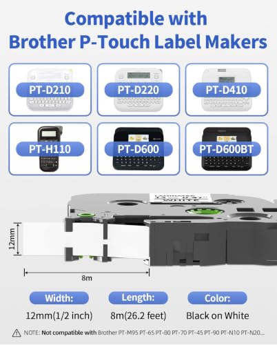 Image of 4-Pack Label Maker Tape 12mm 0.47 inch White Replacement for Brother P Touch Label Tape TZe-231 TZ-231, Compatible with Brother Ptouch PT-D210 PT-H110 PT-D220 PT-D400,Black on White