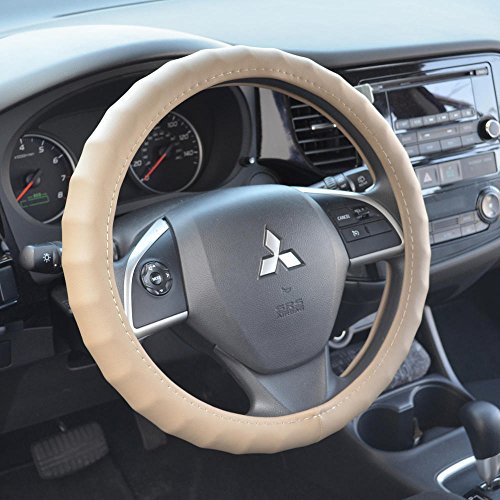 Image of Motor Trend Ergonomic Grip Steering Wheel Cover /Protector for Small Size Steering Wheels in Cars, SUVs, Boats (13.5-14.5 inch) (Genuine Leather (Beige))