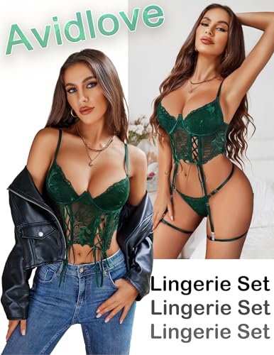 Image of Avidlove Women's Lingerie 4 Piece Garter Lingerie Floral Lace Bra and Panty Sets with Underwire S-XXL