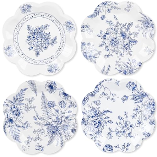 80 Pcs Blue Floral Paper Plates, Chinoiserie Scalloped Dessert Plates