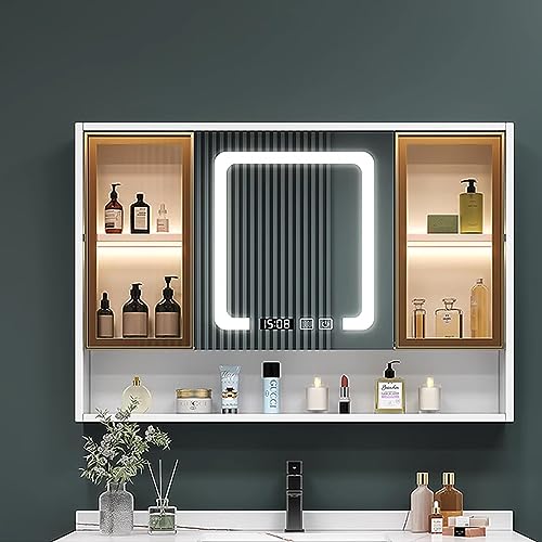 Espejo de tocador con luces LED para baño, 40 espejos rectangulares antivaho con desempañamiento inteligente, montaje en pared empotrado/superficie, estante para decoración y almacenamiento de baño