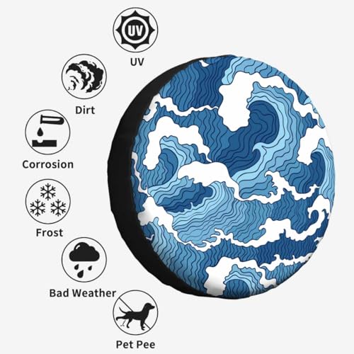 Image of Blue and White Wave Spare Tire Cover 15 inch Wheel Japanese Abstract Protectors Weatherproof Universal for Trailer Tire Cover Rv SUV Truck Camper Travel Trailer