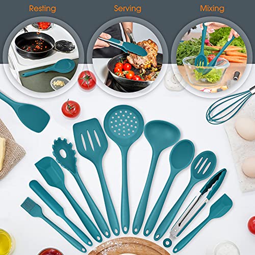 Teal Blue Kitchen Utensils Set, E-Far 15-Piece Silicone Cooking Utensils With Holder, Non-Stick Cookware Friendly & Heat Resistant, Includes Ladle Spatula Spoon Slotted Turner For Cooking & Baking #TOP5