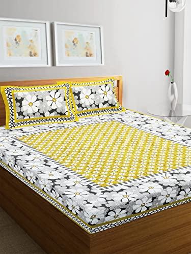 Image of RajasthaniKart Pure 100% Cotton Double Bed Sheet with 2 Pillow Covers (Bedsheet for Double Bed Cotton, Yellow,Floral)