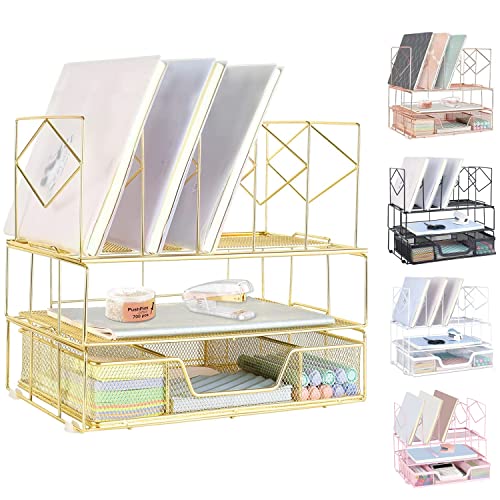 Becomrock Desk Organizers with Drawer, 3-Tier Desktop Organizer with Dual Tray and 5 Upright Sections, File Organizer for Desk, Home Office Desk Accessories, Gold