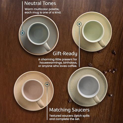 KooK Espresso Mug and Saucer Set, Ceramic Cups and Plates with Rustic Organic Shape and Feathered Texture, Dishwasher and Microwave Safe, 2.7 oz, Set of 4, Neutral Multicolor (2.7 Oz) by KooK - Used condition - Image 6