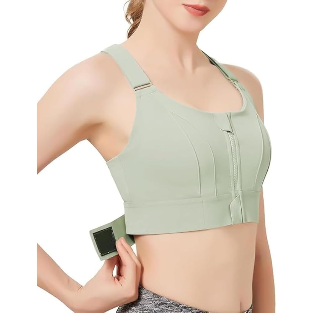 GLAMROOTWomen's Padded Front Zip Plus Size Full Coverage High Support Velcro Adjustable Sports Bra for Workout Gym, Size M to 3XL