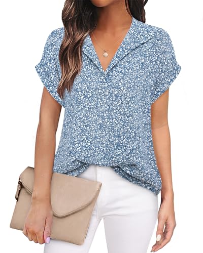 Timeson Womens Short Sleeve Blouses,Business Professional Attire Women Dress Shirts Summer V Neck Chiffon Tunics Tops Floral Ladies Office Work Silk Tops Fashion 2023 Interview Clothes Multi-Blue L
