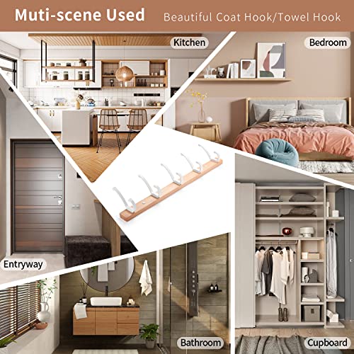 Sarihosy Coat Rack Wall Mounted, Heavy Duty Beech Wood Hook Rack Rail With 5 Double Dual White Metal Wall Hooks For Hanging Coats, 19.7" Long Hanging Coat Hanger For Entryway, Bathroom, Bedroom #TOP6
