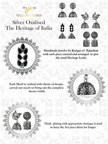 Image of Yellow Chimes Earrings for Women & Girls | Traditional Silver Oxidised Jhumka | German Silver Oxidized Drop Earring Set | Earrings Combo | Accessories Jewellery | Birthday & Anniversary Gift