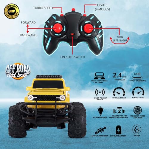 Image of Popsugar Off Roader Rechargeable Remote Control Monster Truck with 2 Speeds and 4 Headlight Modes | Lithium Battery | C-Type Charging | Remote Control Car for Kids | Made in India, Yellow