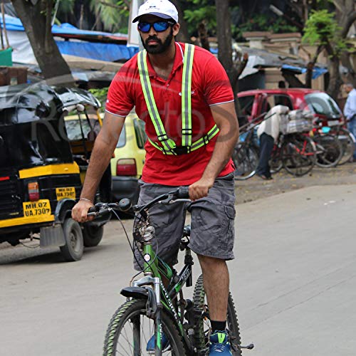حزام امان عاكس قابل للتعديل مع رؤية عالية، اصفر نيون مع خطوط عاكسة رمادية
