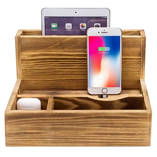 Rustic Torched Wood Smartphone & Tablet Cradle Valet, Tabletop Charging Station, Brown