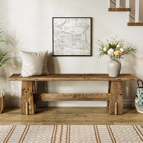 LITTLE TREE 59 Solid Wood Bench Farmhouse Entryway Bench Long Retro Bench for End of Bed Dining Room Entryway Hallway Living Room Bedroom Kitchen Sturdy Frame Design Rustic Brown