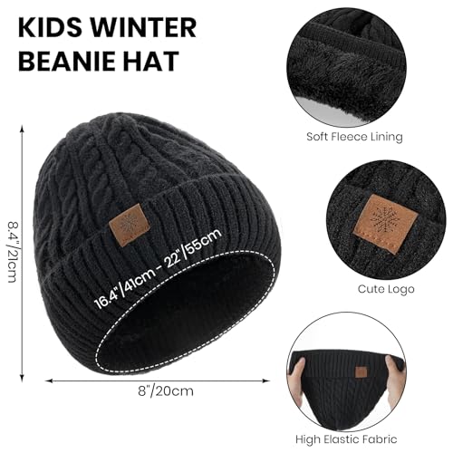 Tavaleu Kids Winter Beanie Hat Scarf Touchscreen Gloves Set for Boys Girls 8-15 Years Warm Skull Cap Fleece Lined Knitted Hat Dark Black2