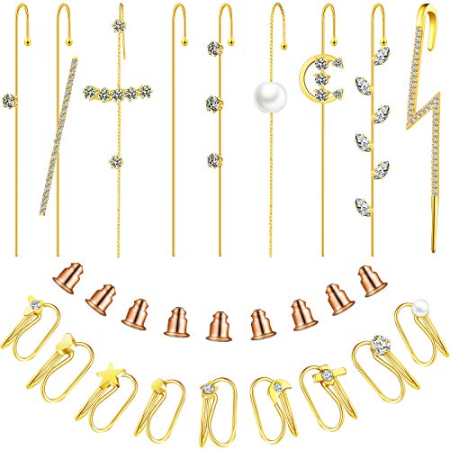 18 Pieces Ear Cuff Wrap Earrings Ear Crawler Earrings Hook Earrings Needle Studs Earrings with Earring Back Ear Clips for Women Girls