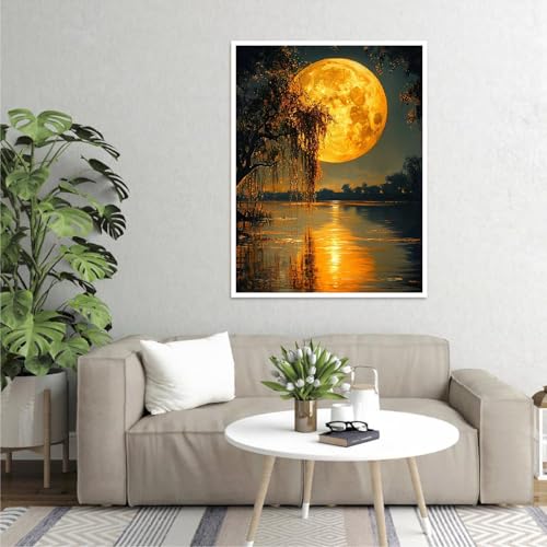 Image of Clendo DIY Moon Paint by Numbers Kit for Adults, Landscape Adult Paint by Number Kits on Canvas Without Frame, Lake View Oil Paint by Numbers for Home Decor Gift 16 inch W x 20 inchL